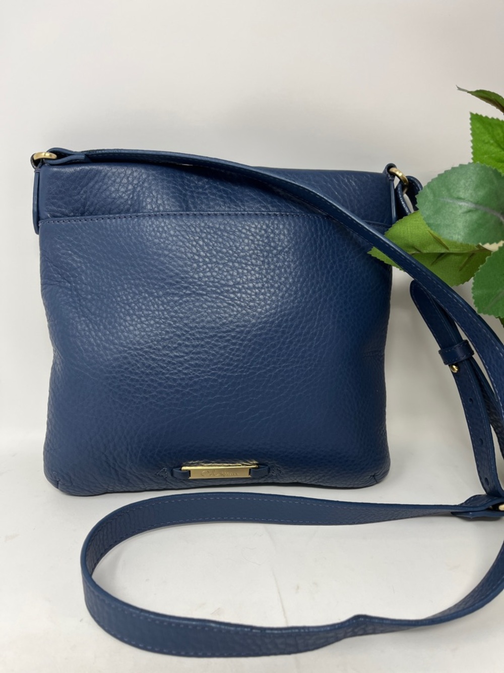 COLE HAAN BLUE PEBBLED LEATHER CROSSBODY BAG BRUSHED GOLD HARDWARE